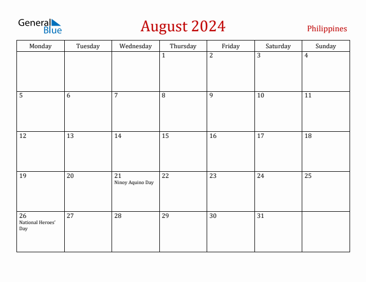 Philippines August 2024 Calendar - Monday Start