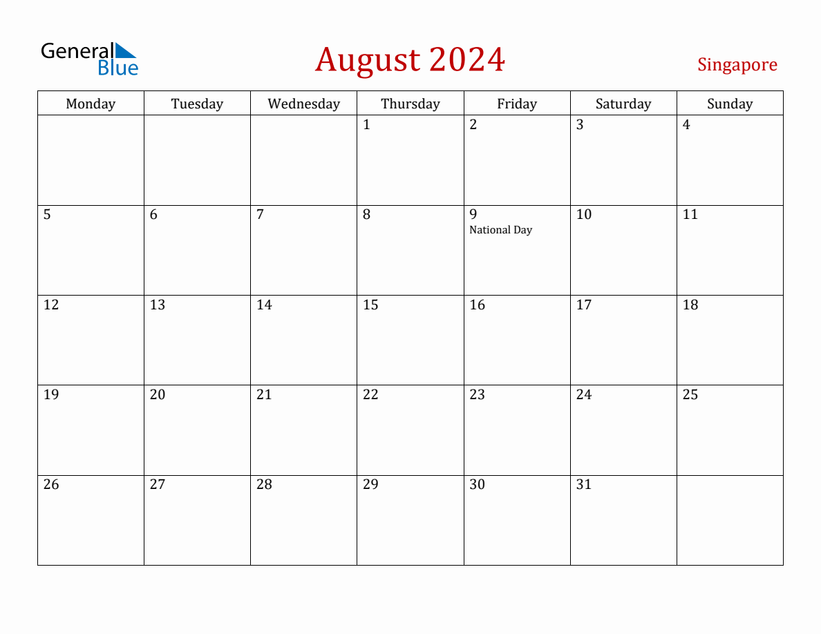 August 2024 Singapore Monthly Calendar with Holidays