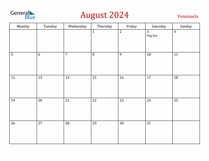 Venezuela August 2024 Calendar - Monday Start