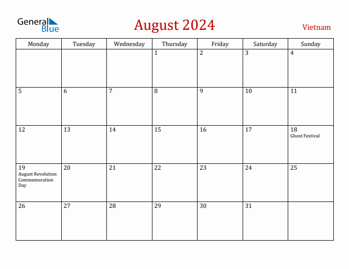 Vietnam August 2024 Calendar - Monday Start