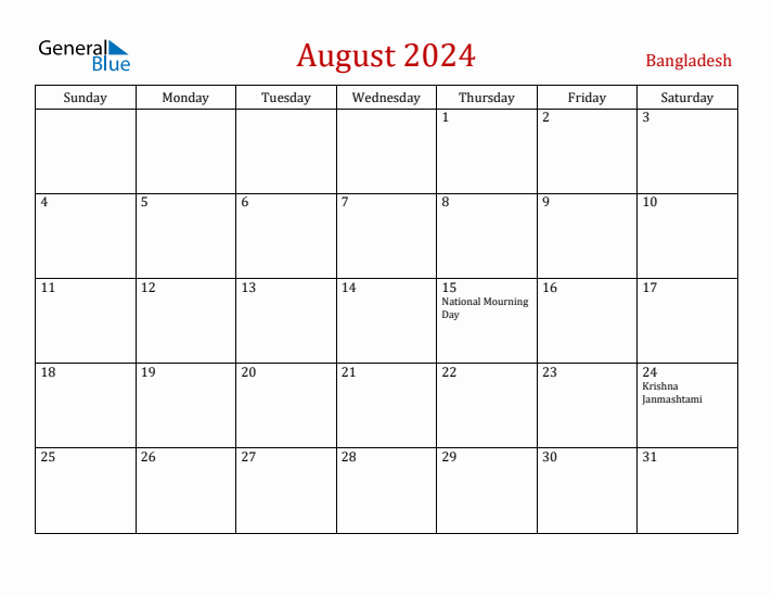 Bangladesh August 2024 Calendar - Sunday Start