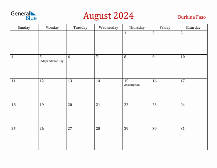 Burkina Faso August 2024 Calendar - Sunday Start