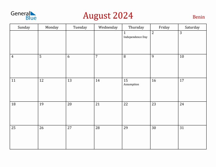 Benin August 2024 Calendar - Sunday Start