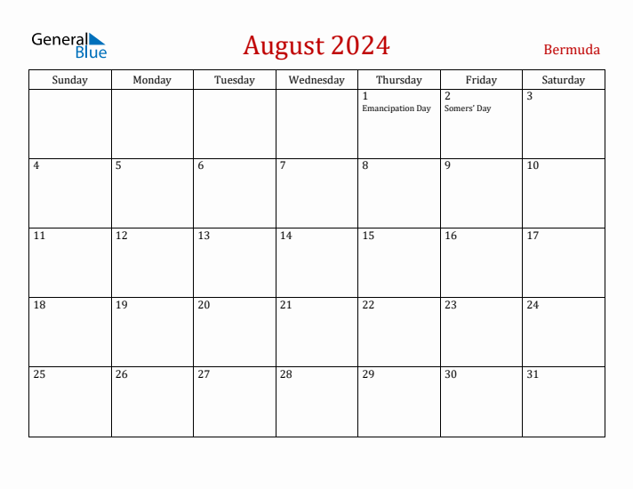 Bermuda August 2024 Calendar - Sunday Start