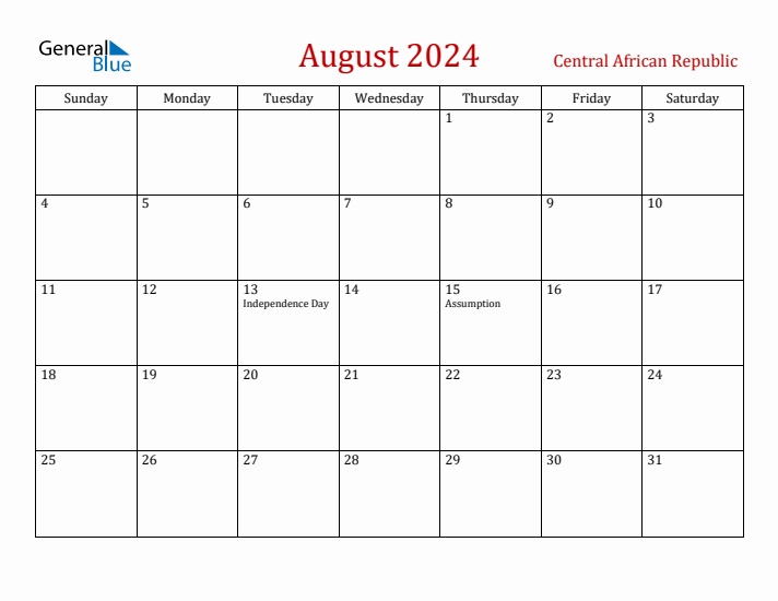 Central African Republic August 2024 Calendar - Sunday Start