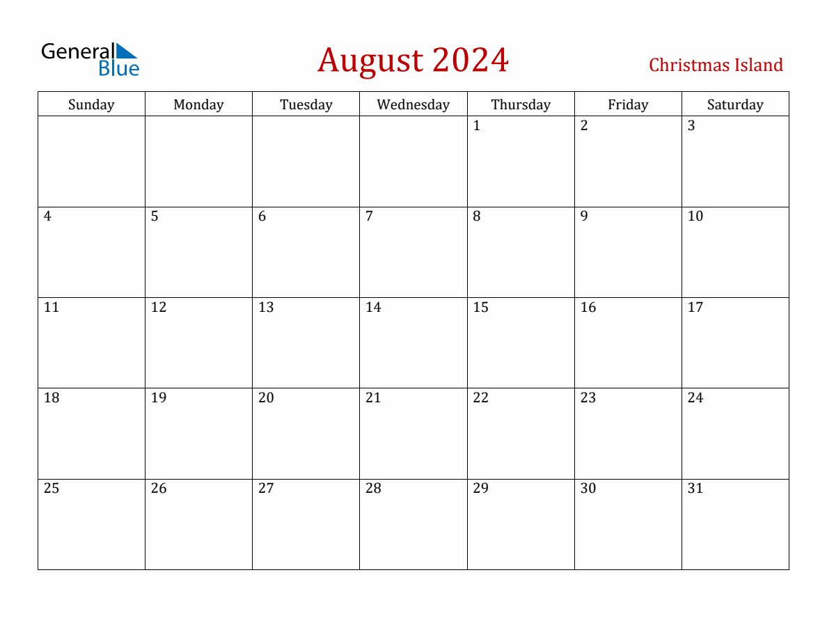 August 2024 Christmas Island Monthly Calendar with Holidays