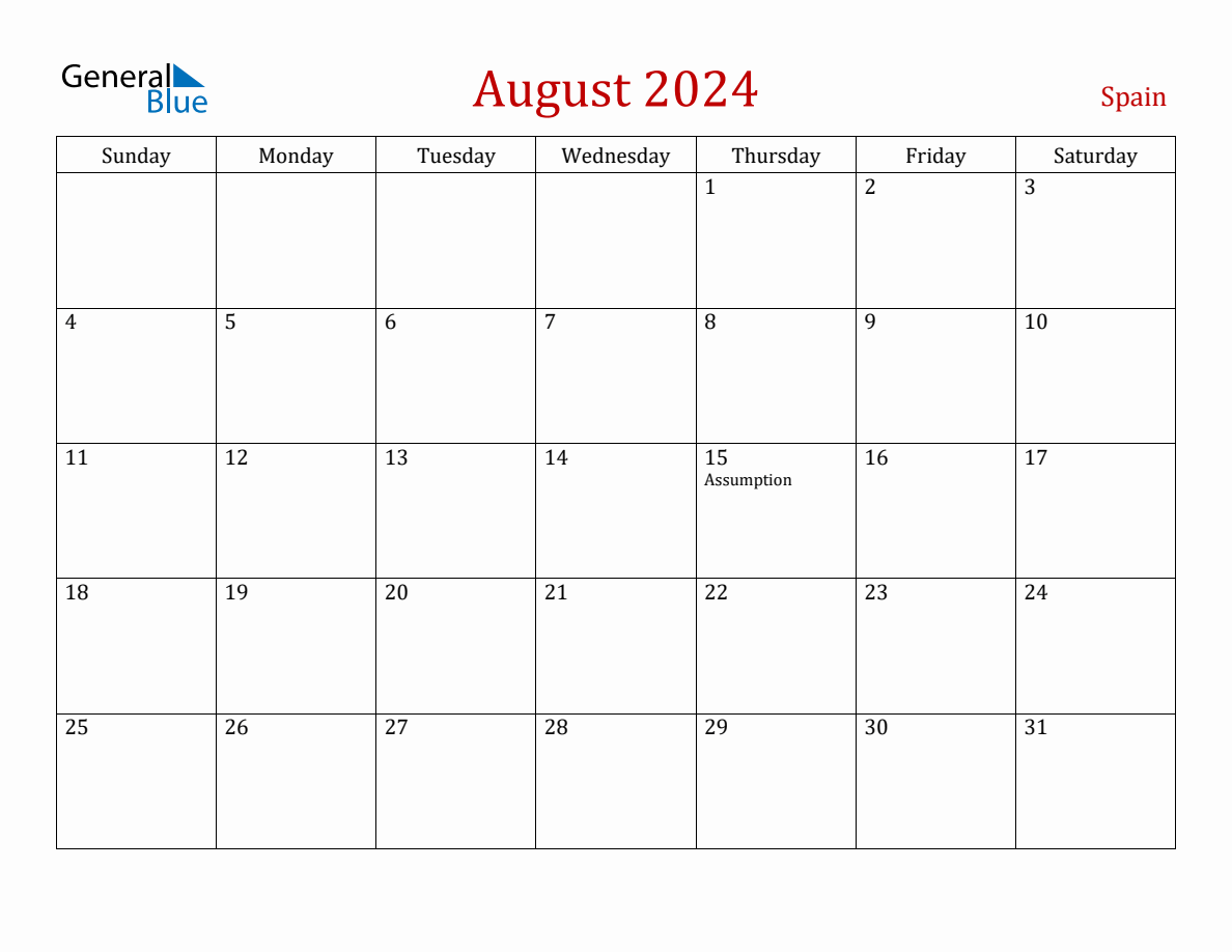August 2024 Spain Monthly Calendar with Holidays
