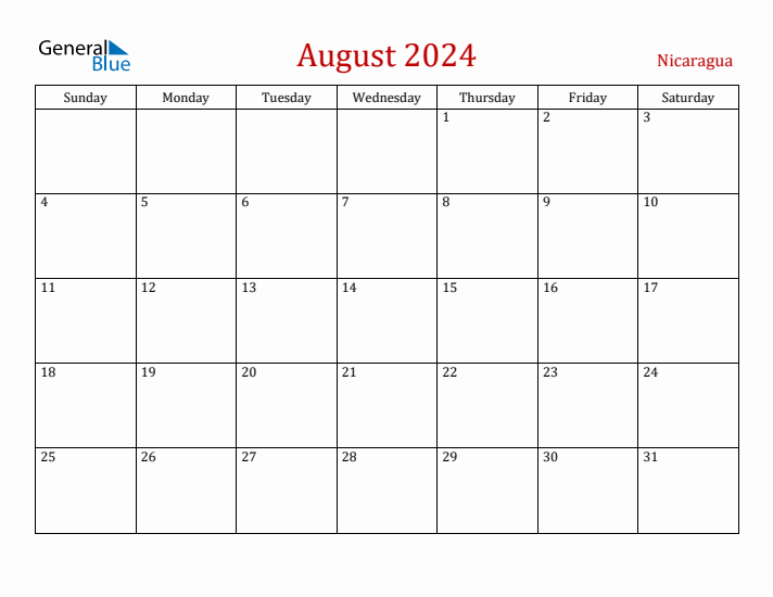 Nicaragua August 2024 Calendar - Sunday Start