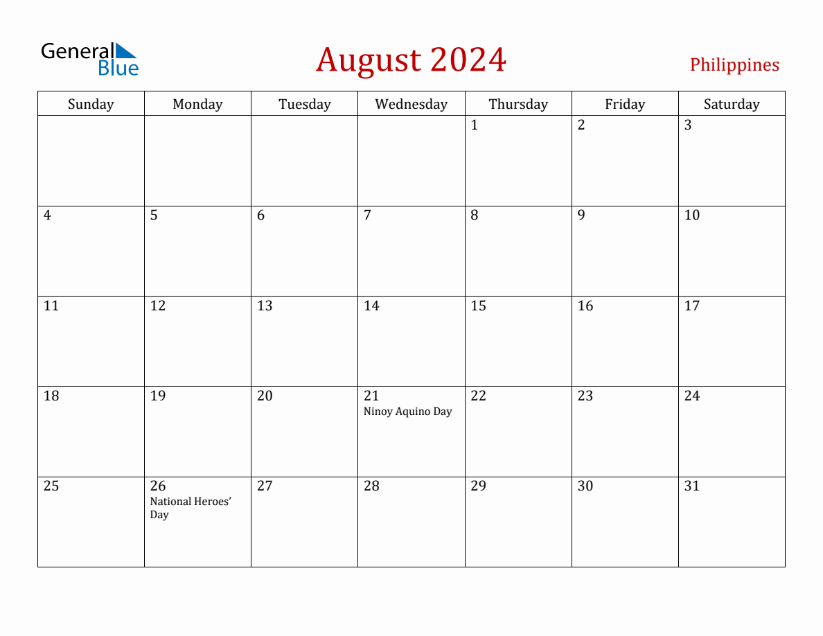 August 2024 Philippines Monthly Calendar with Holidays