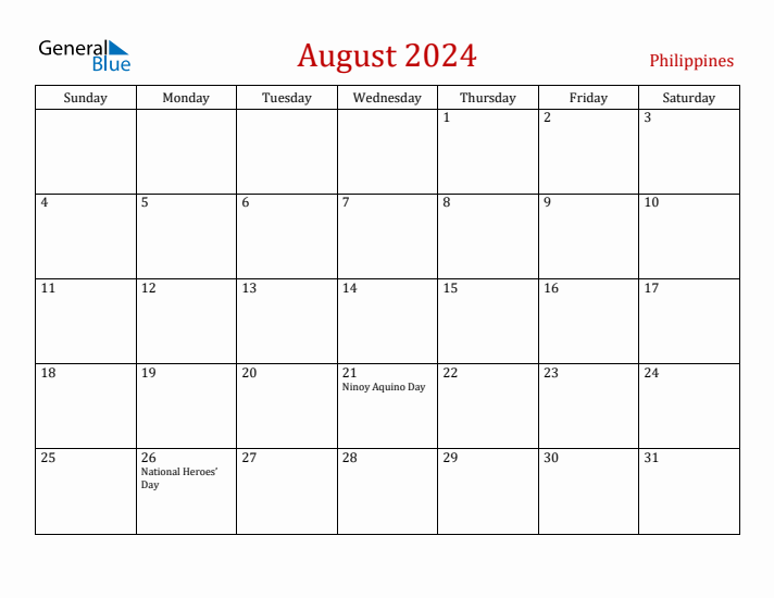 Philippines August 2024 Calendar - Sunday Start