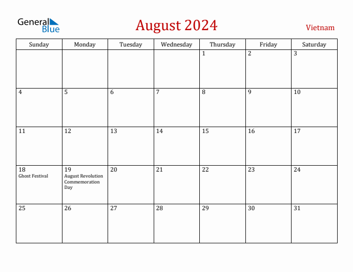 Vietnam August 2024 Calendar - Sunday Start