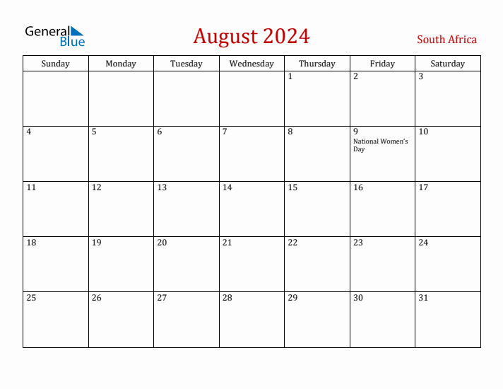 August 2024 South Africa Monthly Calendar with Holidays
