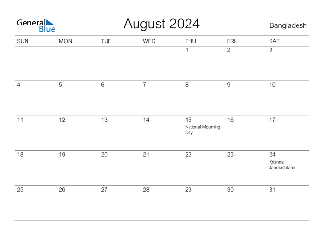 Printable August 2024 Calendar for Bangladesh