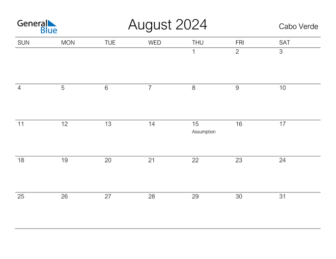 Printable August 2024 Calendar for Cabo Verde