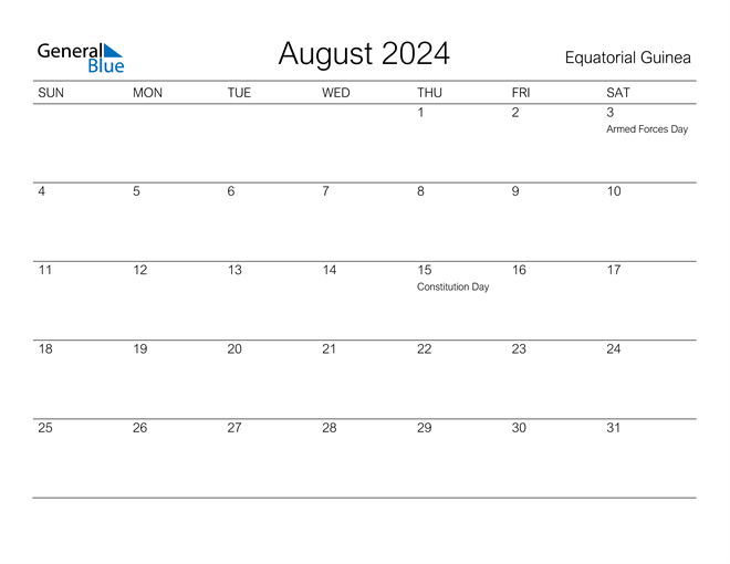 Printable August 2024 Calendar for Equatorial Guinea