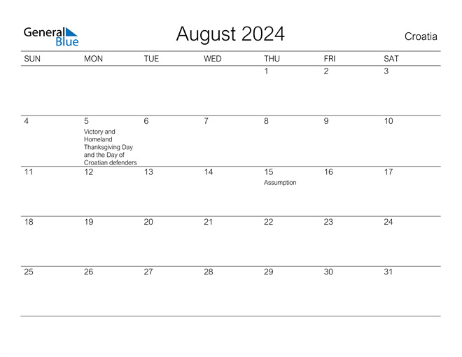 Printable August 2024 Calendar for Croatia
