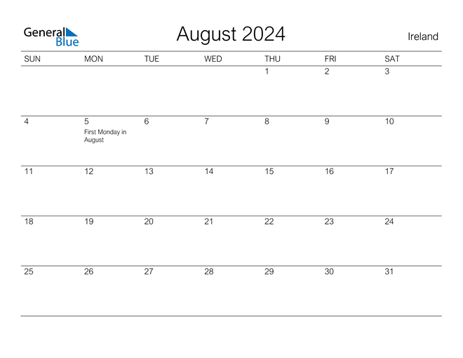 Printable August 2024 Calendar for Ireland