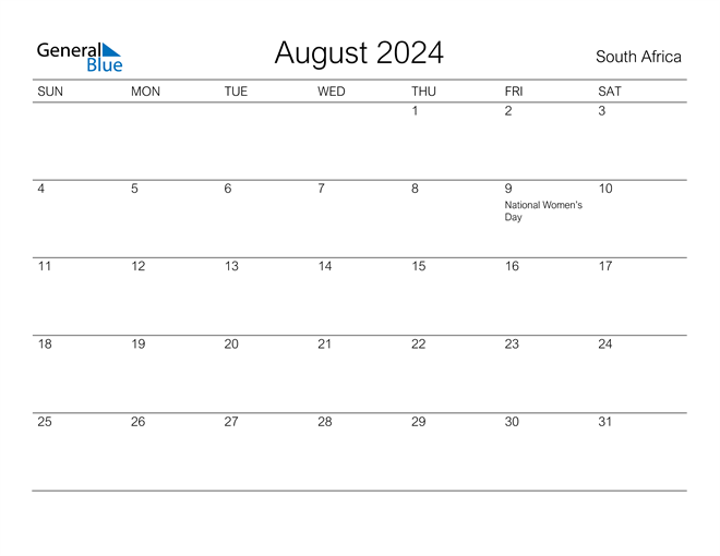 South Africa August 2024 Calendar with Holidays