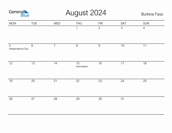 Printable August 2024 Calendar for Burkina Faso