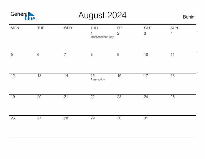 Printable August 2024 Calendar for Benin