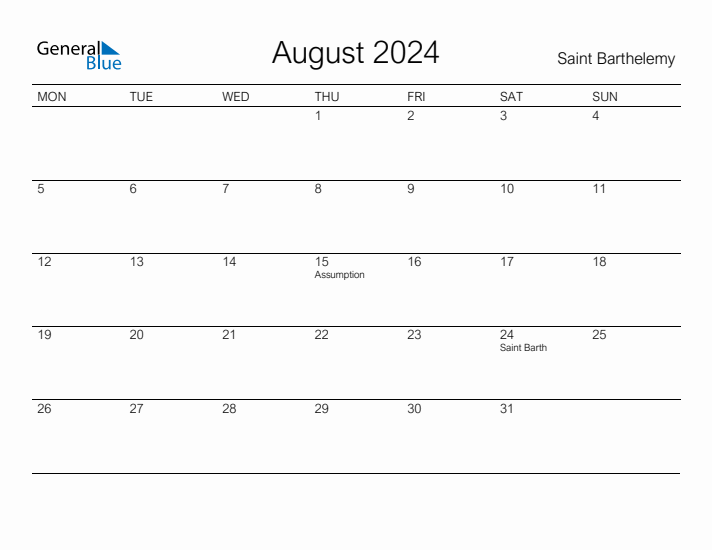 Printable August 2024 Calendar for Saint Barthelemy