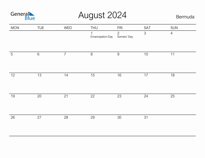 Printable August 2024 Monthly Calendar with Holidays for Bermuda