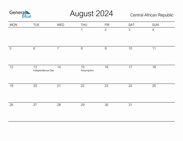 Printable August 2024 Calendar for Central African Republic
