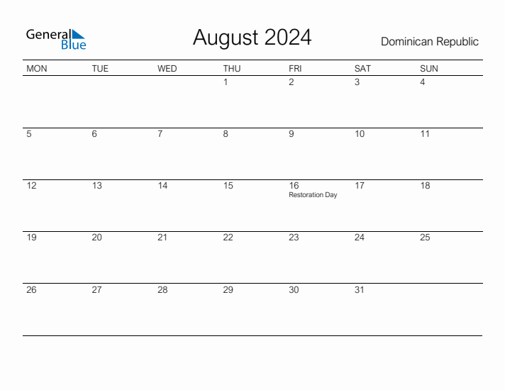 Printable August 2024 Calendar for Dominican Republic