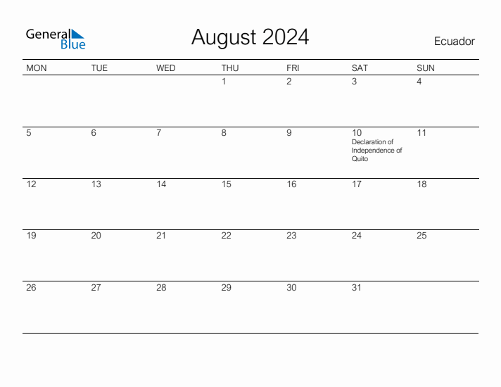 Printable August 2024 Calendar for Ecuador