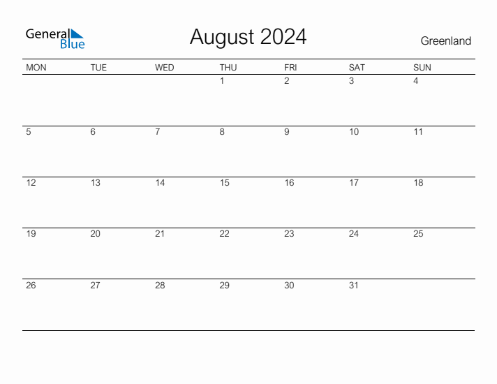 Printable August 2024 Calendar for Greenland