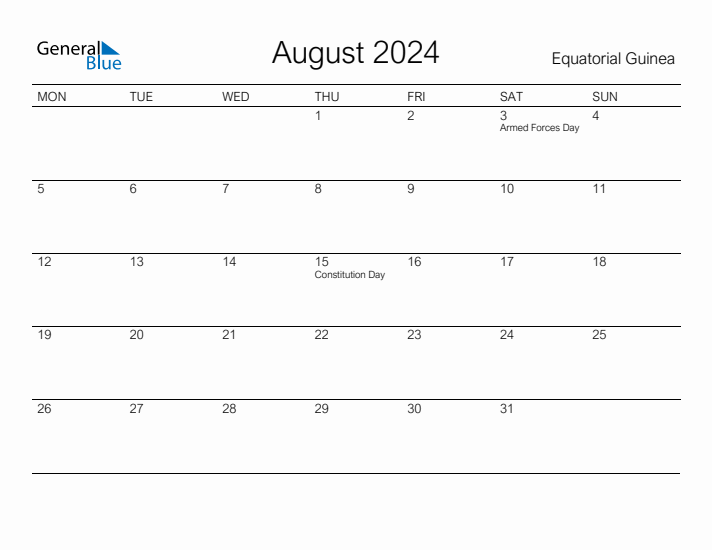 Printable August 2024 Calendar for Equatorial Guinea