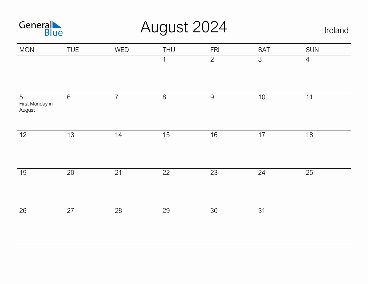 Printable August 2024 Monthly Calendar with Holidays for Ireland