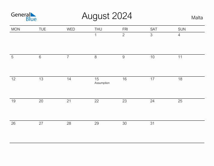 Printable August 2024 Monthly Calendar with Holidays for Malta