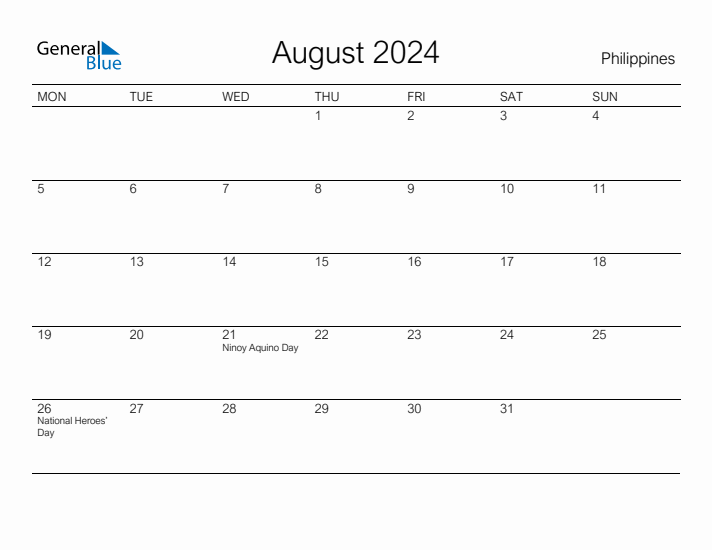 Printable August 2024 Calendar for Philippines
