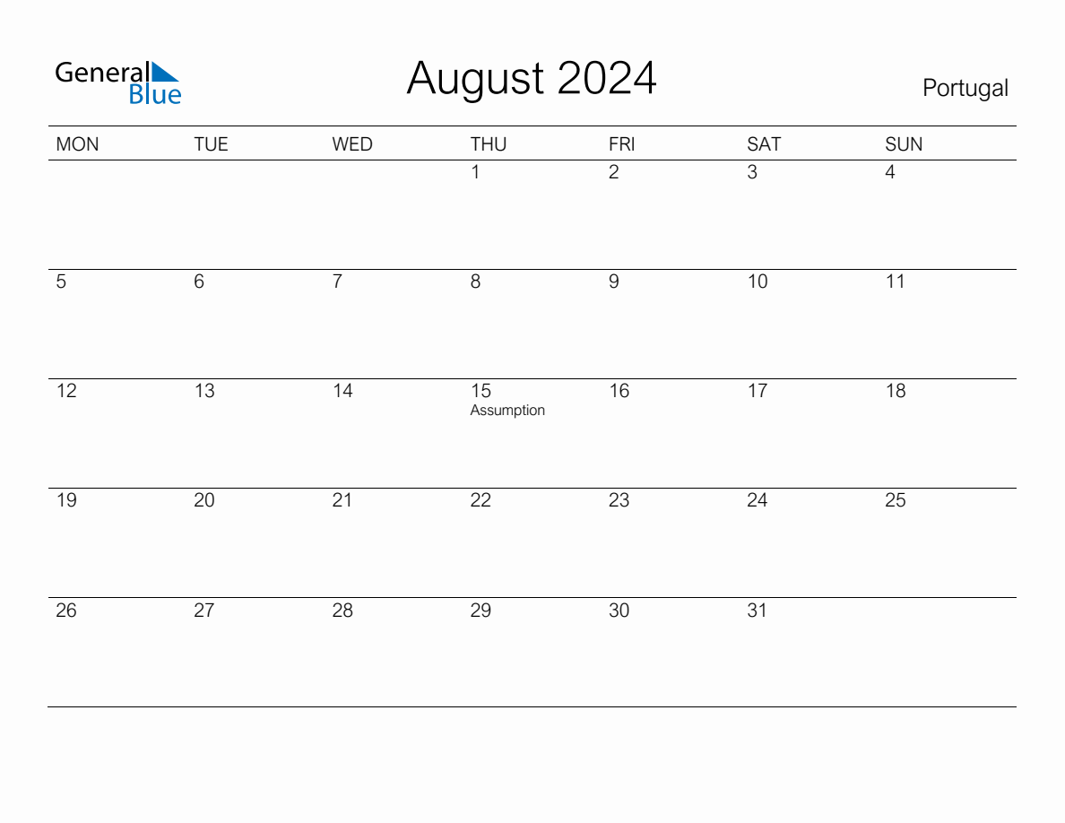 Printable August 2024 Monthly Calendar with Holidays for Portugal