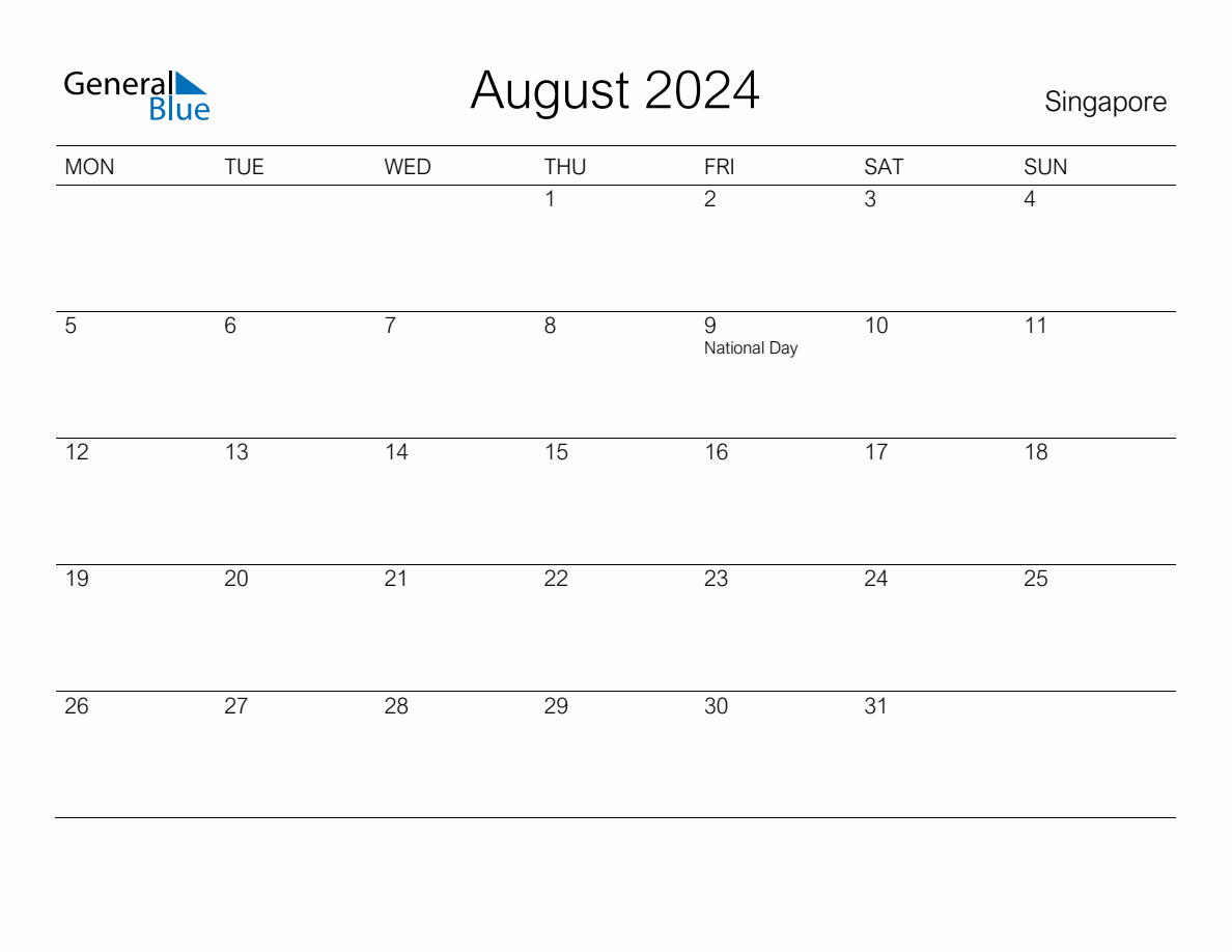Printable August 2024 Monthly Calendar with Holidays for Singapore