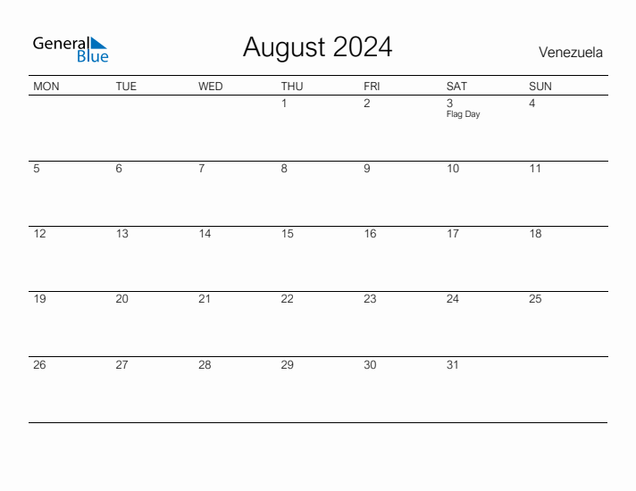 Printable August 2024 Calendar for Venezuela