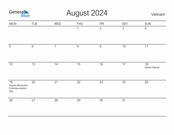 Printable August 2024 Calendar for Vietnam