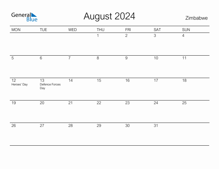 Printable August 2024 Calendar for Zimbabwe