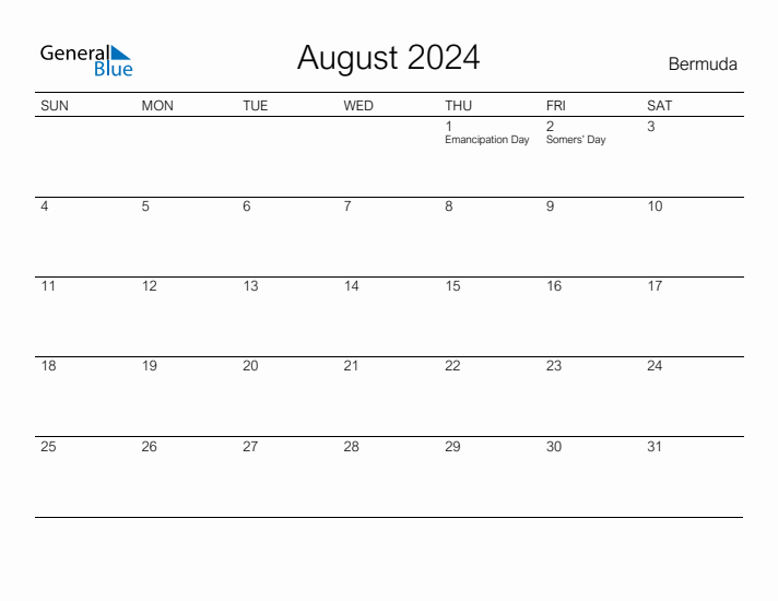 Printable August 2024 Calendar for Bermuda