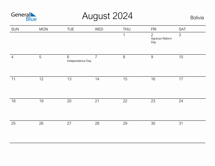 Printable August 2024 Calendar for Bolivia