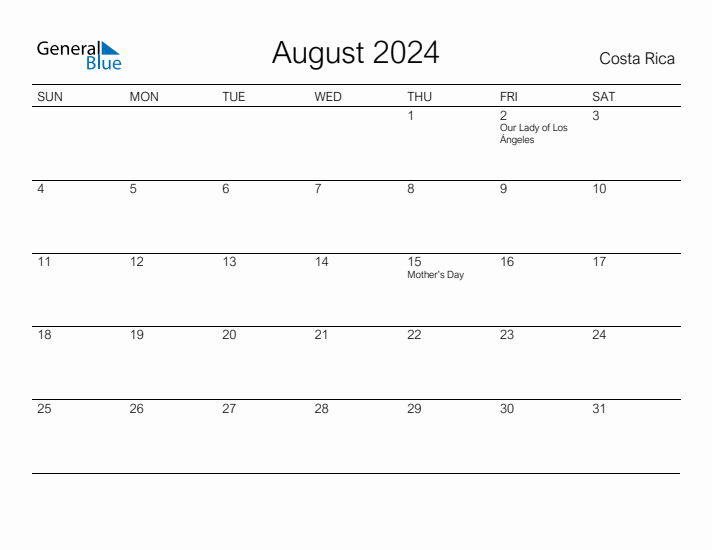 Printable August 2024 Calendar for Costa Rica
