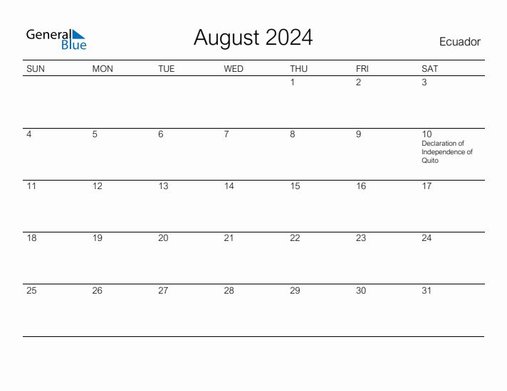 Printable August 2024 Calendar for Ecuador