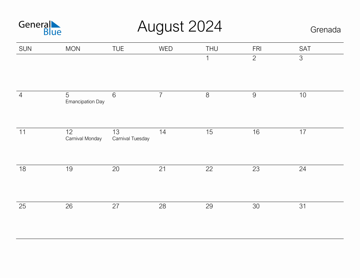 Printable August 2024 Monthly Calendar with Holidays for Grenada