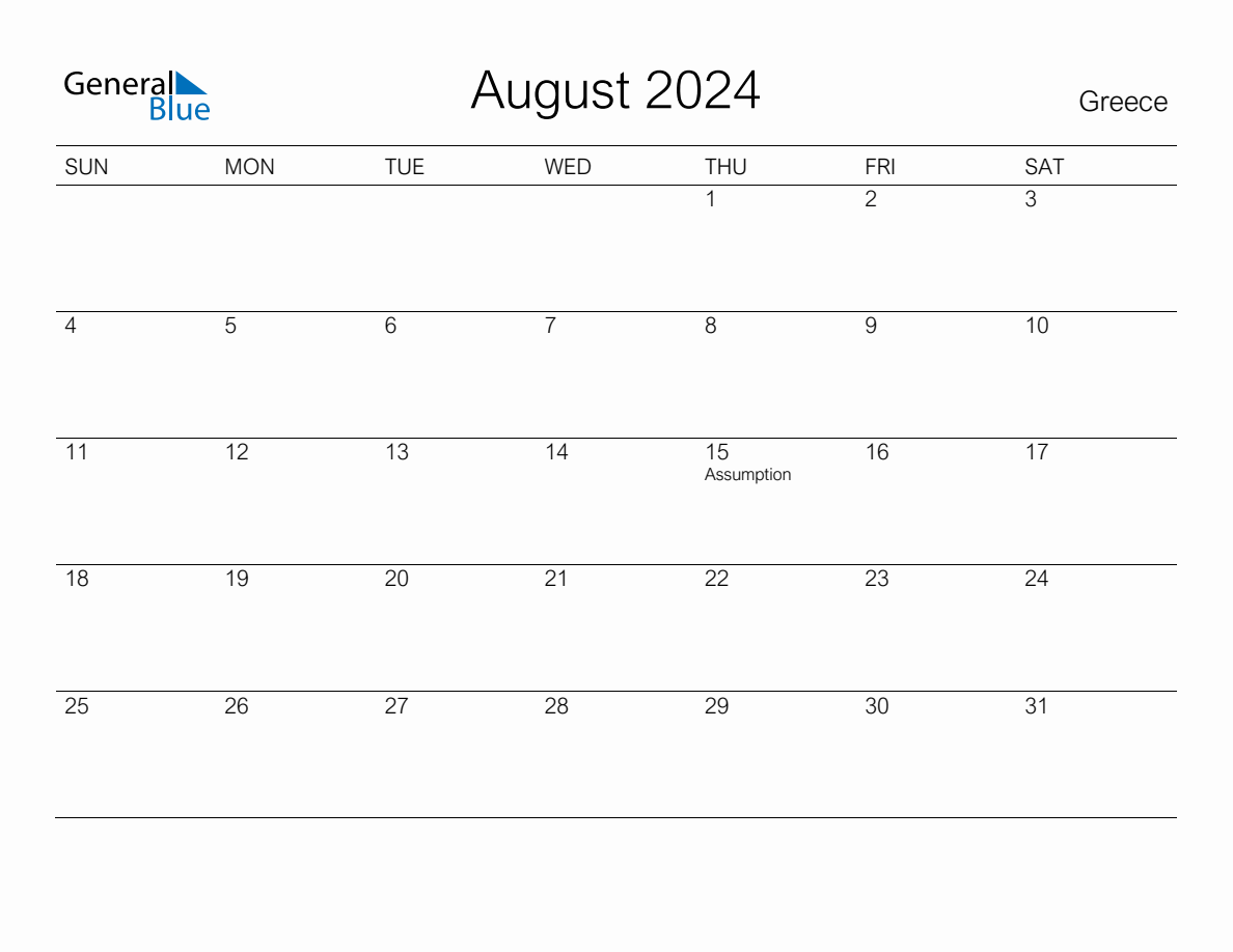 Printable August 2024 Monthly Calendar with Holidays for Greece