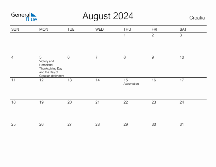 Printable August 2024 Calendar for Croatia