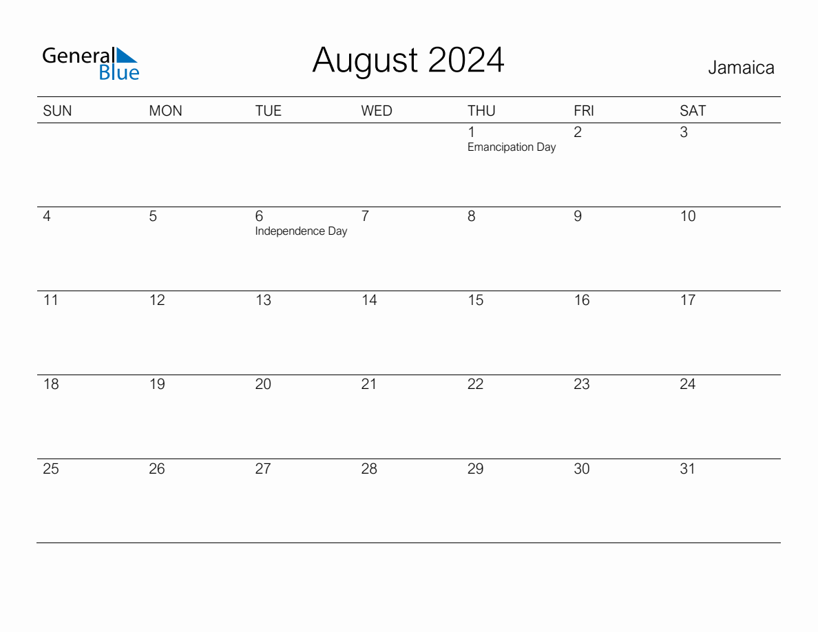 Printable August 2024 Monthly Calendar with Holidays for Jamaica