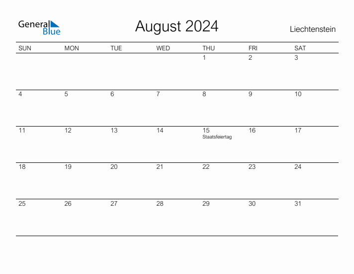 Printable August 2024 Calendar for Liechtenstein