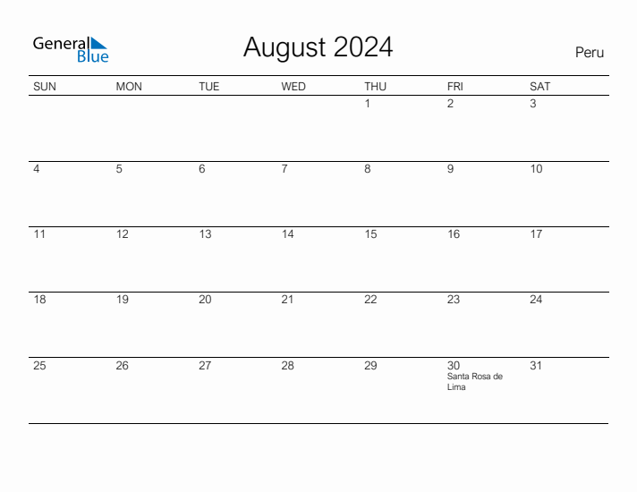 Printable August 2024 Calendar for Peru
