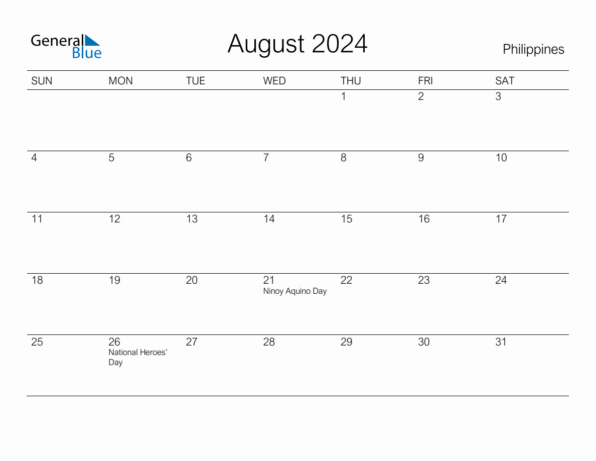 Printable August 2024 Monthly Calendar with Holidays for Philippines